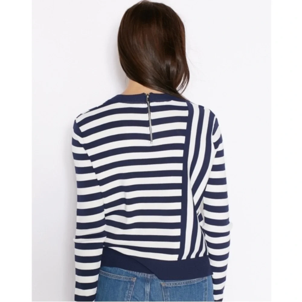 Topshop Asymmetrical  Striped Crew Neck Navy Blue White Crew Neck Sweate…